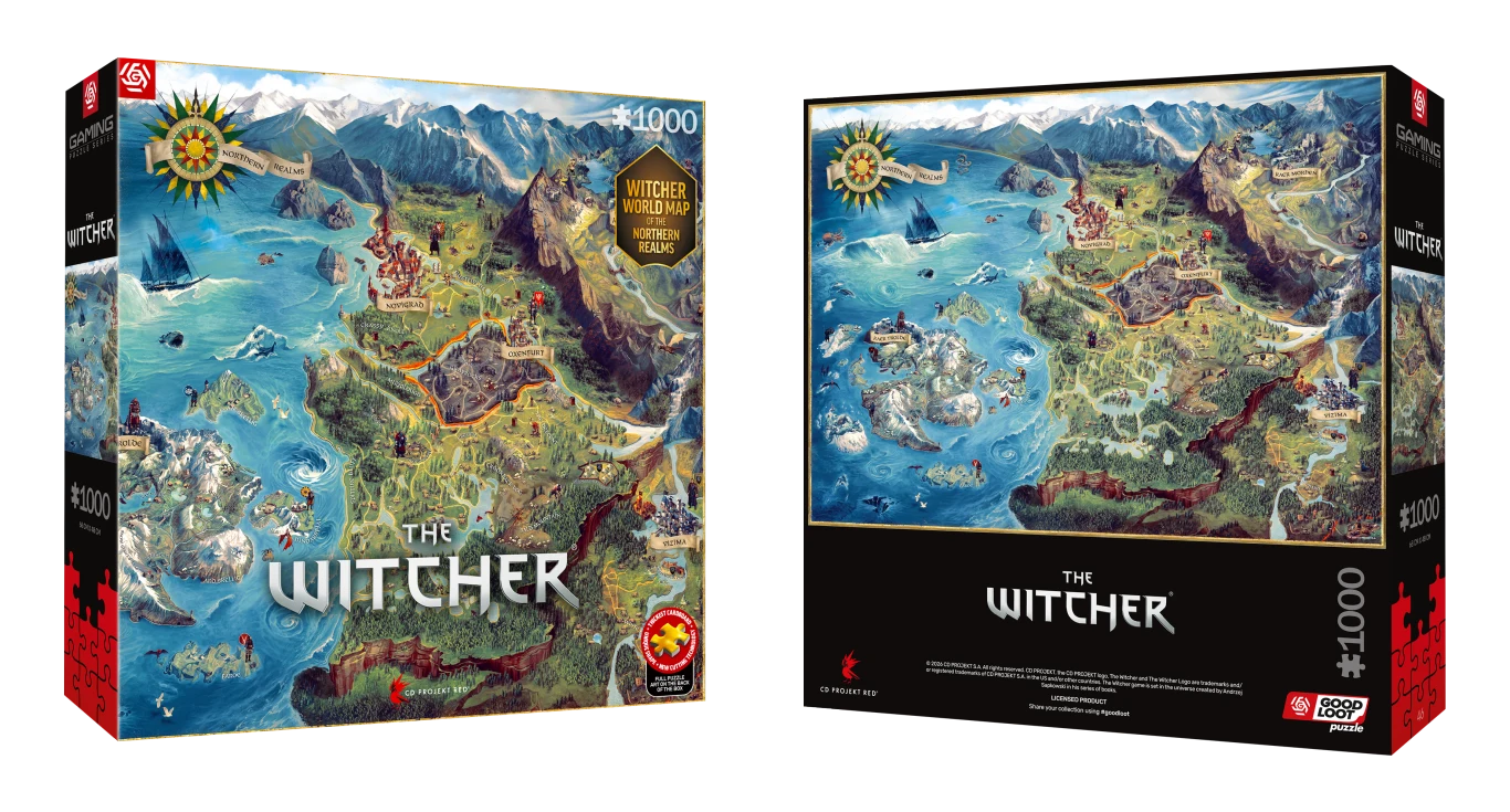 Gaming Puzzle: The Witcher (Wiedźmin) The Northern Realms Map, 1000 elementów Puzzle o tematyce Wiedźmina przedstawiające szczegółową, kolorową mapę świata z serii, otoczoną górami, morzami i charakterystycznymi krainami fantasy.