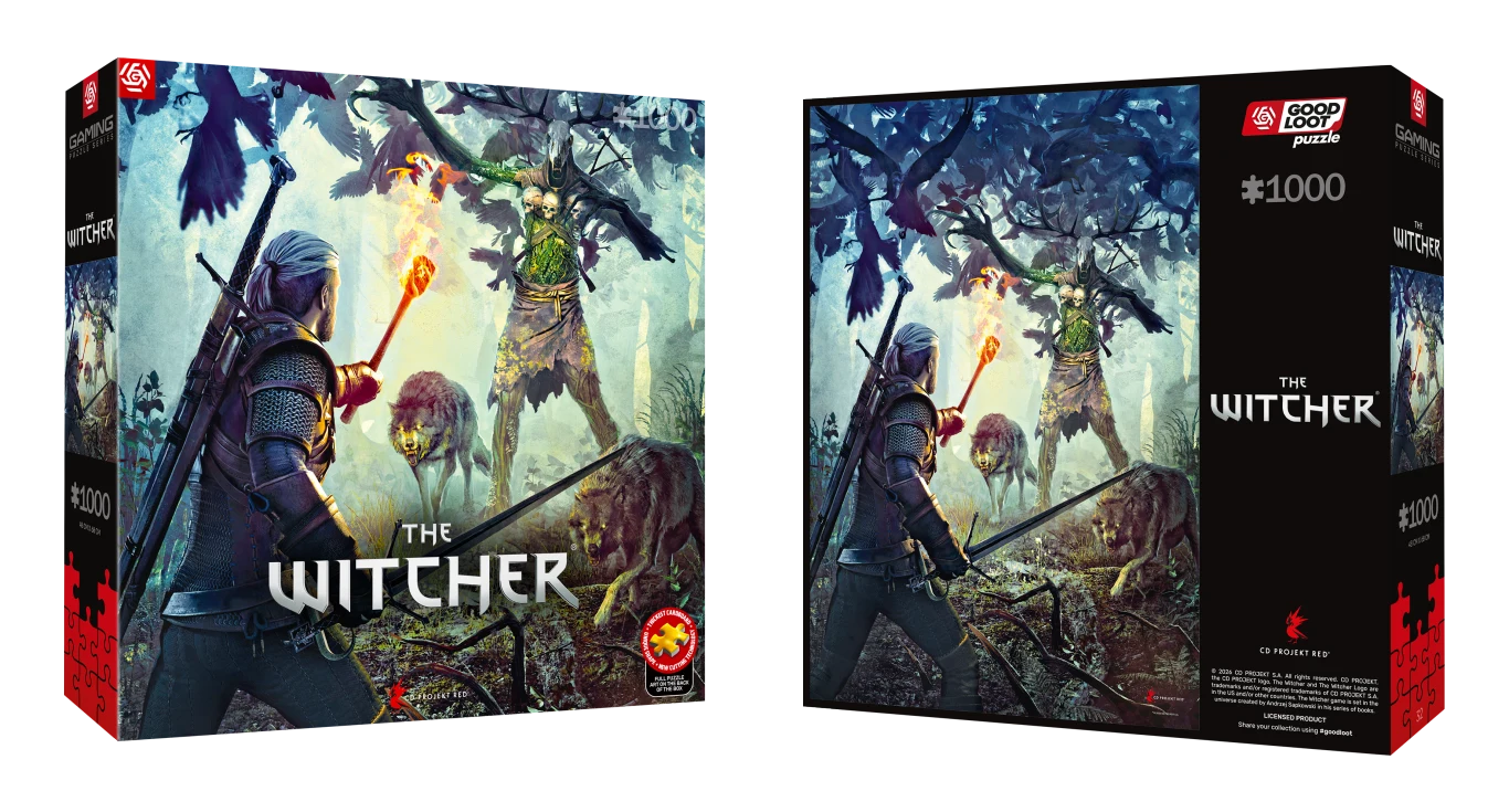 Gaming Puzzle: The Witcher (Wiedźmin) Leshen, 1000 elementów Geralt z Rivii w zbroi, gotowy do walki, stoi w lesie naprzeciw potężnego potwora oraz dwóch wilków, trzymając w ręku miecz i pochodnię rozświetlającą ciemność, a całość utrzymana jest w klimacie fantasy gry Wiedźmin.