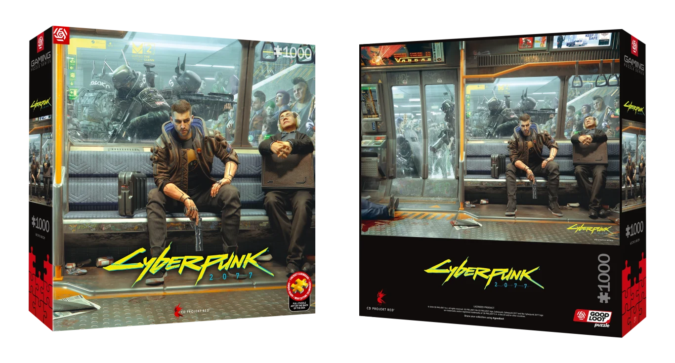 Gaming Puzzle: Cyberpunk 2077 Metro, 1000 elementów Mężczyzna z cybernetycznymi implantami siedzi na ławce w futurystycznym metrze, obok niego pasażerowie, a za szybą widoczny jest zaawansowany technologicznie miejski krajobraz z robotami.