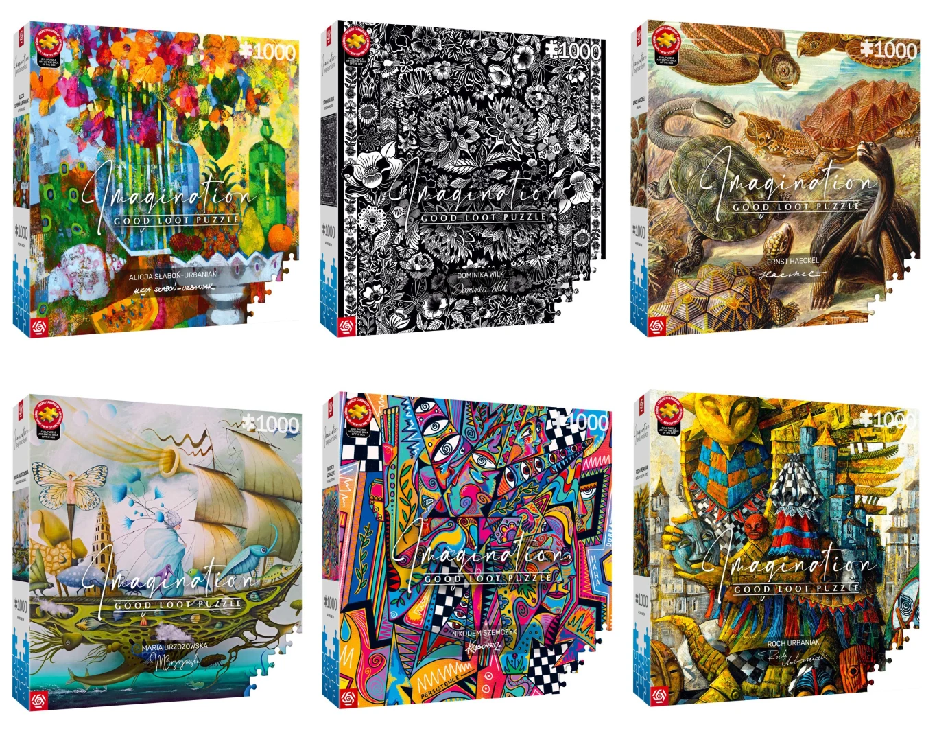 Imagination Puzzle - nowe wersje Sześć kolorowych pudełek z puzzlami, każde z unikalną, artystyczną grafiką o zróżnicowanej tematyce – od kwiatowych kompozycji, przez czarno-białą ilustrację pełną szczegółów, po baśniowe i surrealistyczne obrazy ze zwierzętami oraz abstrakcyjne wzory.