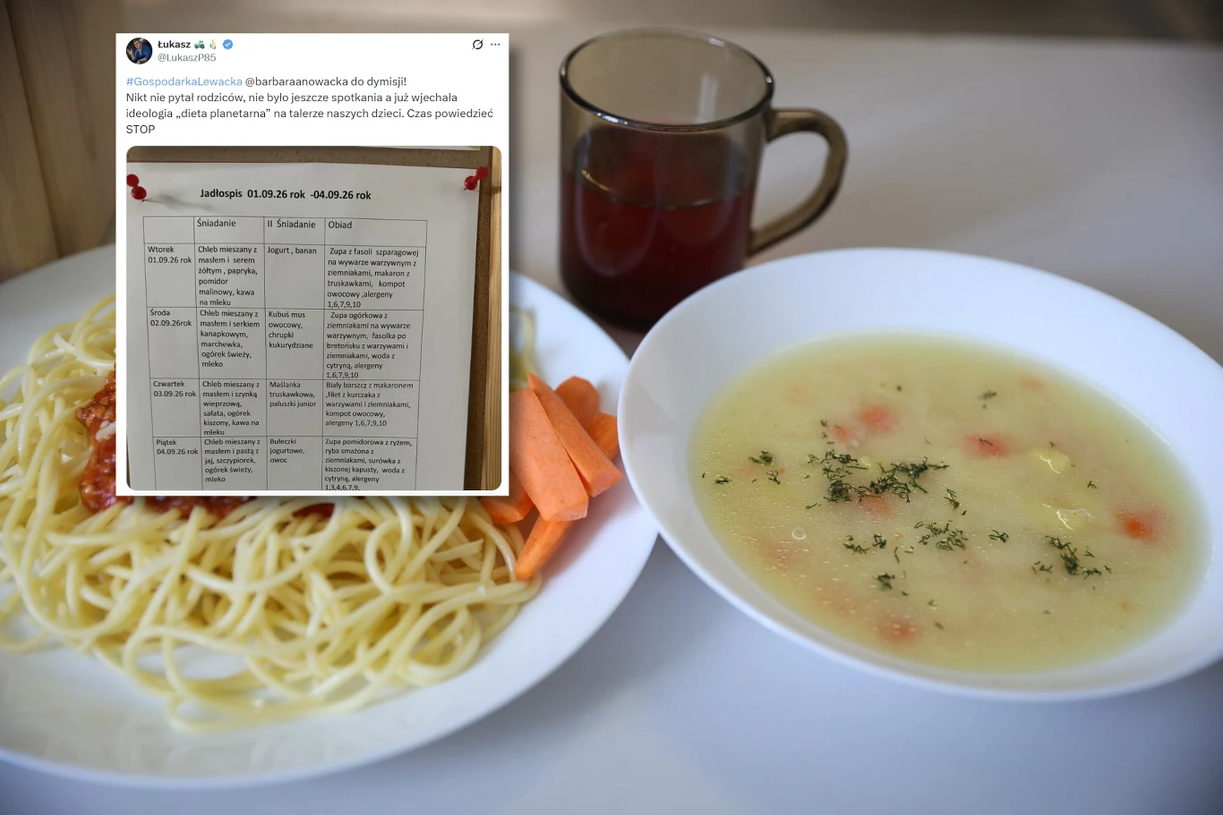 W internecie zawrzało w związku ze zmianami w szkolnych stołówkach Porcja spaghetti z sosem pomidorowym, kilka surowych marchewek, zupa z ziemniakami i marchewką, szklanka herbaty.