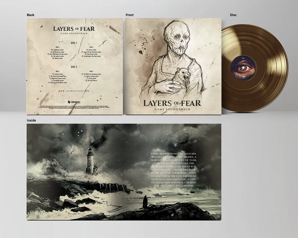 Kolekcjonerskie wydanie soundtracku Layers of Fear Okładka płyty winylowej z grafiką przedstawiającą postać o wychudzonej twarzy trzymającą szczura, złota płyta z okiem pośrodku oraz rozkładana wkładka z ilustracją latarni morskiej na skalistym wybrzeżu i tekstem piosenki lub wiersza na tle burzowego n...