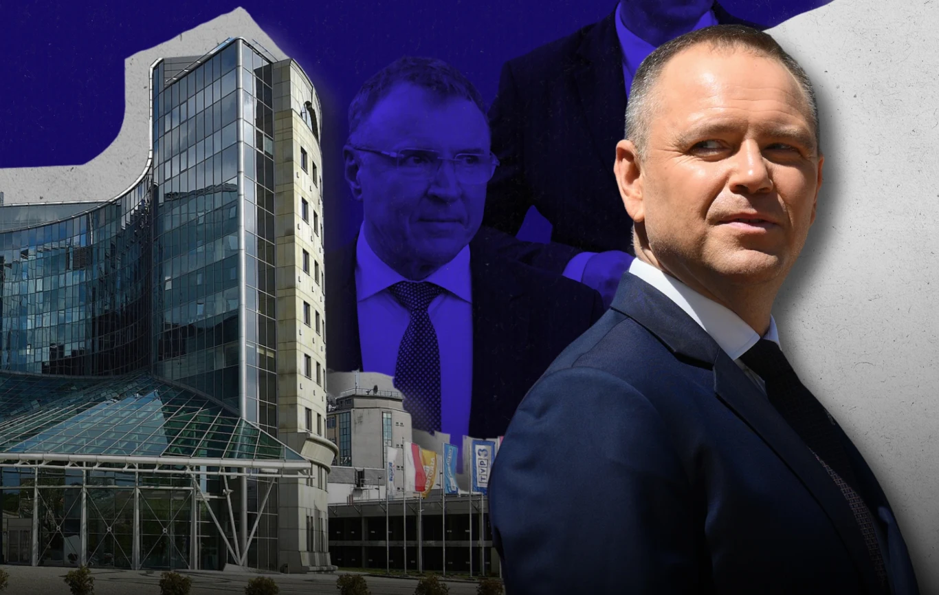 Prezydent Karol Nawrocki chce odpolitycznić TVP. Tylko czy szczerze? Grafika: Magdalena Piasecka Prezydent Karol Nawrocki w garniturze, na tle przeszklonego biurowca i sylwetek osób, grafika Magdaleny Piaseckiej.