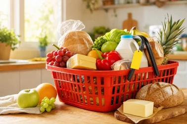 Czerwony koszyk zakupowy pełen świeżych produktów: pieczywo, masło, mleko, winogrona i warzywa na kuchennym blacie 