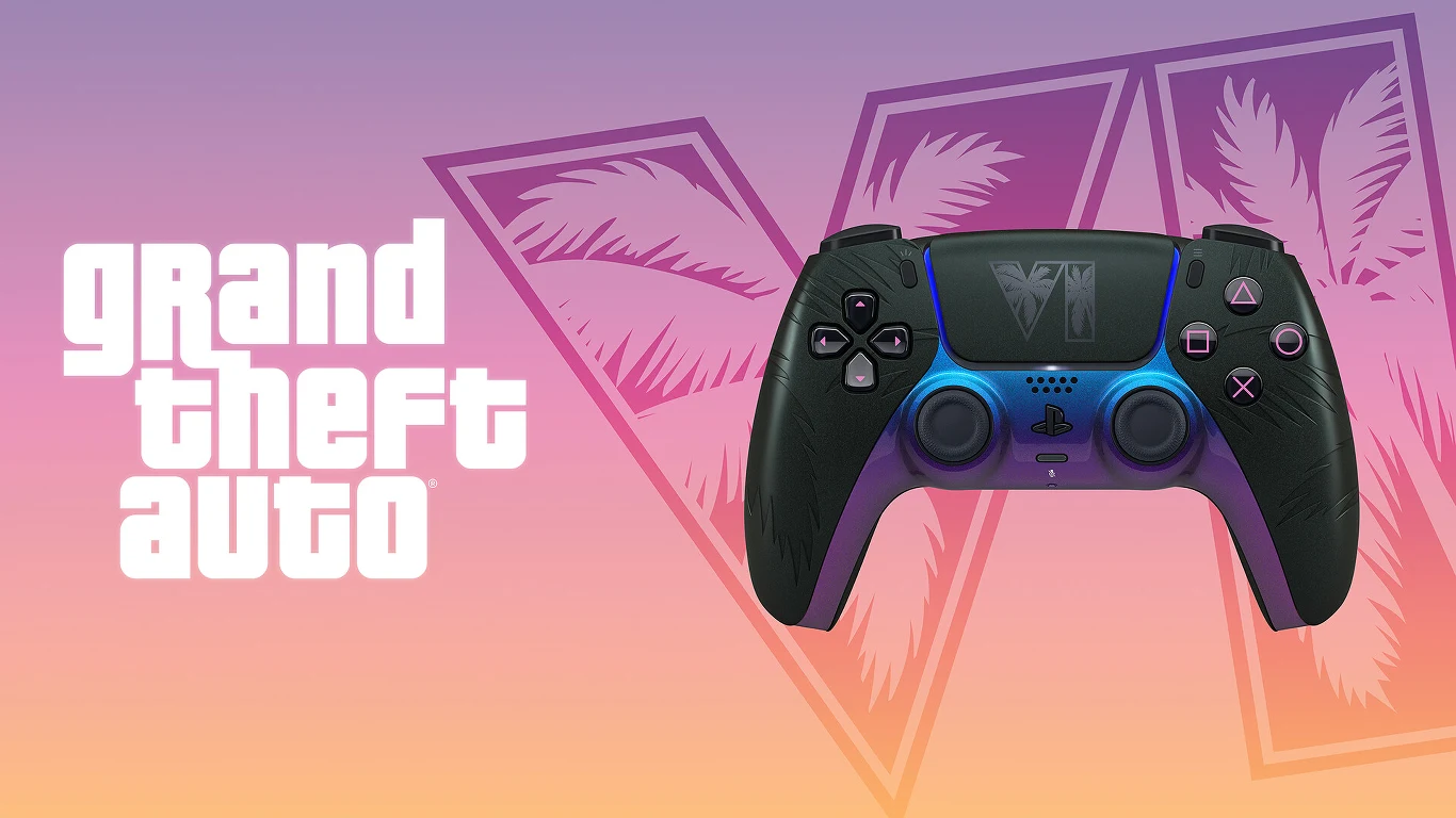 Logo Grand Theft Auto obok czarnego pada do konsoli, w tle pastelowe graficzne liście palm na różowo-fioletowym tle.