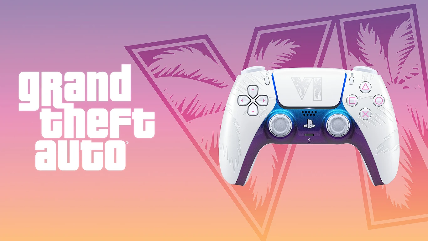 Biały kontroler PlayStation umieszczony centralnie przed stylizowanym tłem z palmami, obok logo Grand Theft Auto oraz dużej rzymskiej cyfry VI nawiązującej do szóstej części gry.