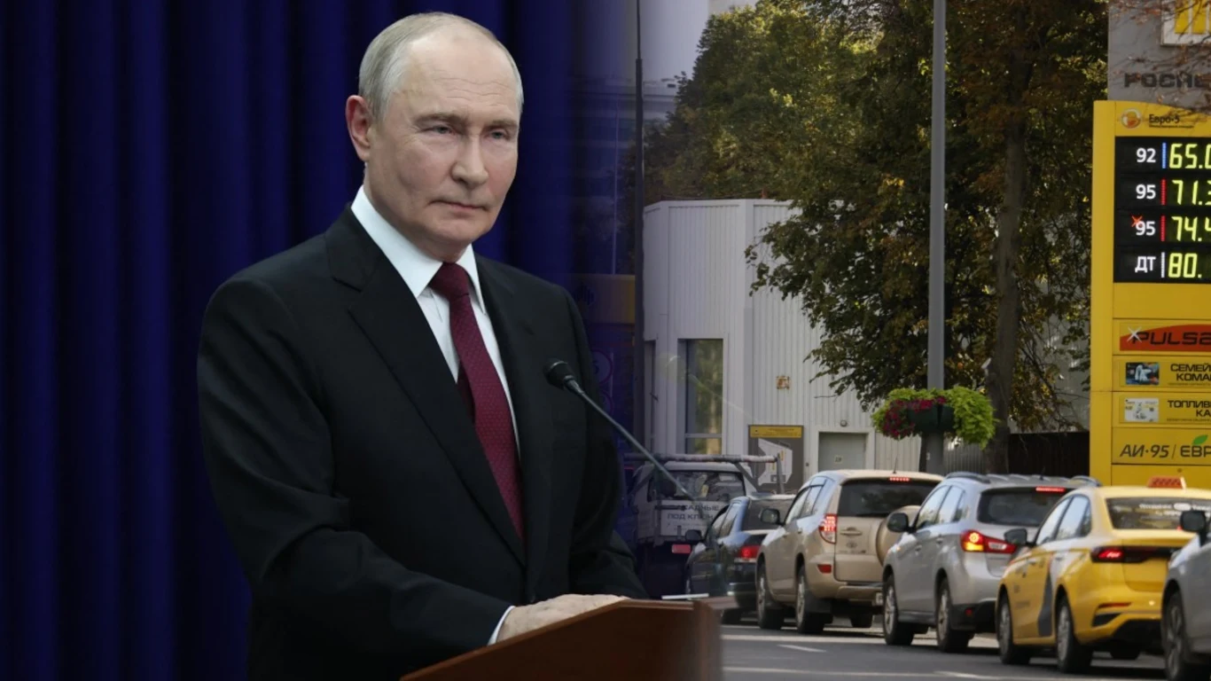 Zapytali Władimira Putina o kryzys paliwowy. "Musimy być przygotowani na wszystko" Władimir Putin przy mównicy, w tle ulica z autami w kolejce do stacji paliw i tablica z cenami benzyny.
