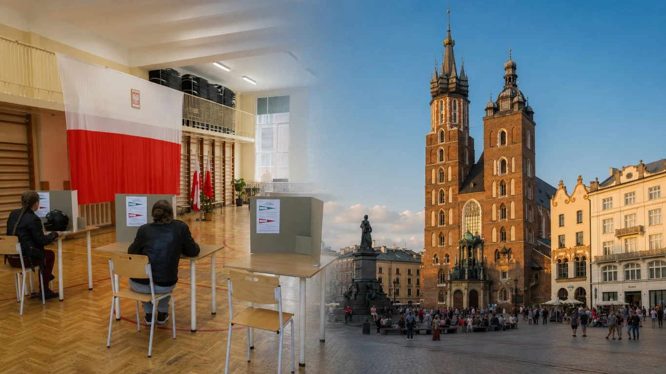 Ogłoszono nazwiska kandydatów na urząd prezydenta miasta Krakowa Wyborcy przy stolikach w komisji z polską flagą, w tle Rynek Główny i Kościół Mariacki w Krakowie.