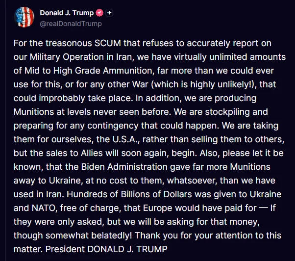 Anglojęzyczny wpis Donalda J. Trumpa opublikowany w serwisie społecznościowym, dotyczący kwestii amunicji i wsparcia militarnego USA dla Iranu i Ukrainy, zawierający jego komentarze polityczne oraz podpis.