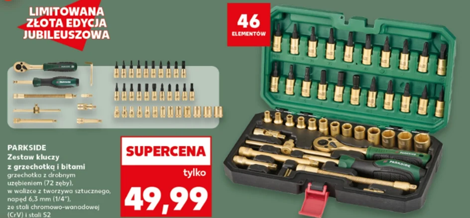 Zestaw 46 elementów marki Parkside w zielonej walizce, zawierający grzechotkę, nasadki oraz bity w złotym kolorze, promowany jako limitowana złota edycja jubileuszowa w supercenie 49,99 zł.