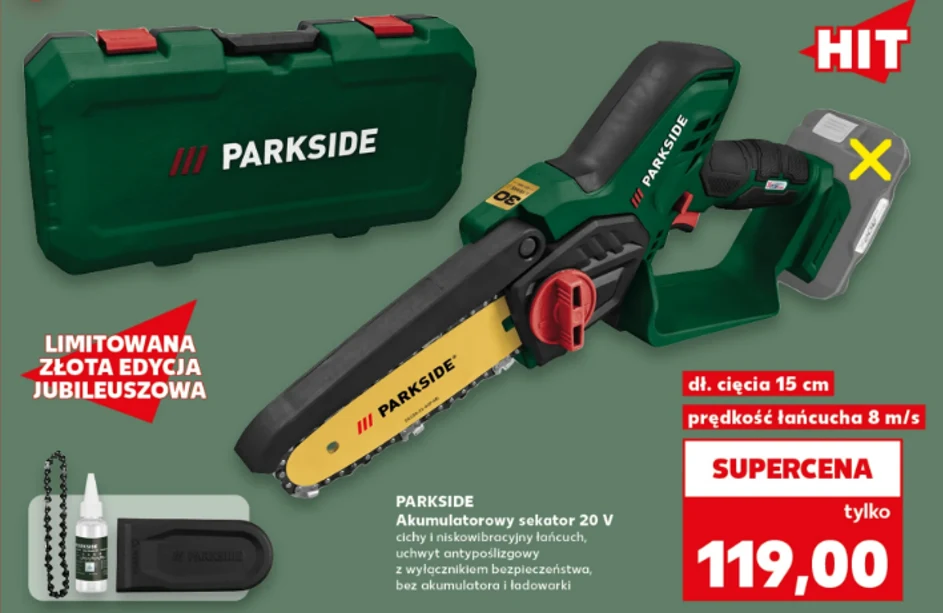 Akumulatorowy sekator łańcuchowy Parkside 20 V z prowadnicą 15 cm, zieloną walizką transportową oraz zestawem akcesoriów do pielęgnacji łańcucha, limitowana złota edycja jubileuszowa.