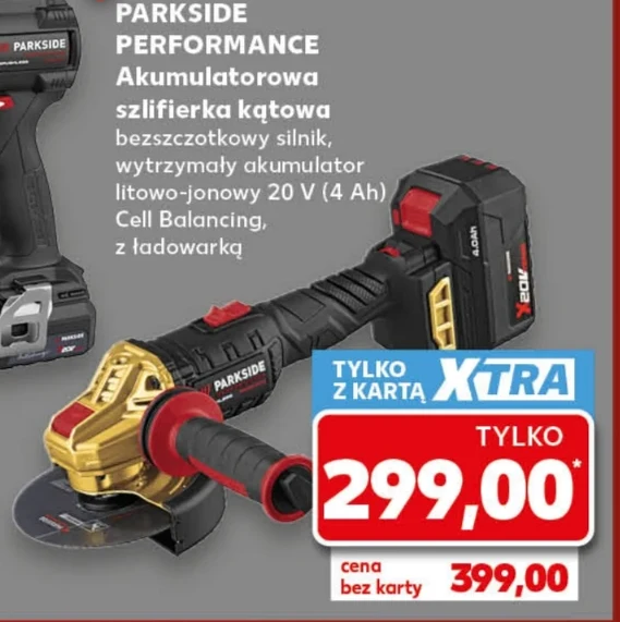 Akumulatorowa szlifierka kątowa Parkside Performance z bezszczotkowym silnikiem, akumulatorem litowo-jonowym 20 V (4 Ah), czarno-złotą obudową i czerwonym akcentem, dostępna w promocyjnej cenie.