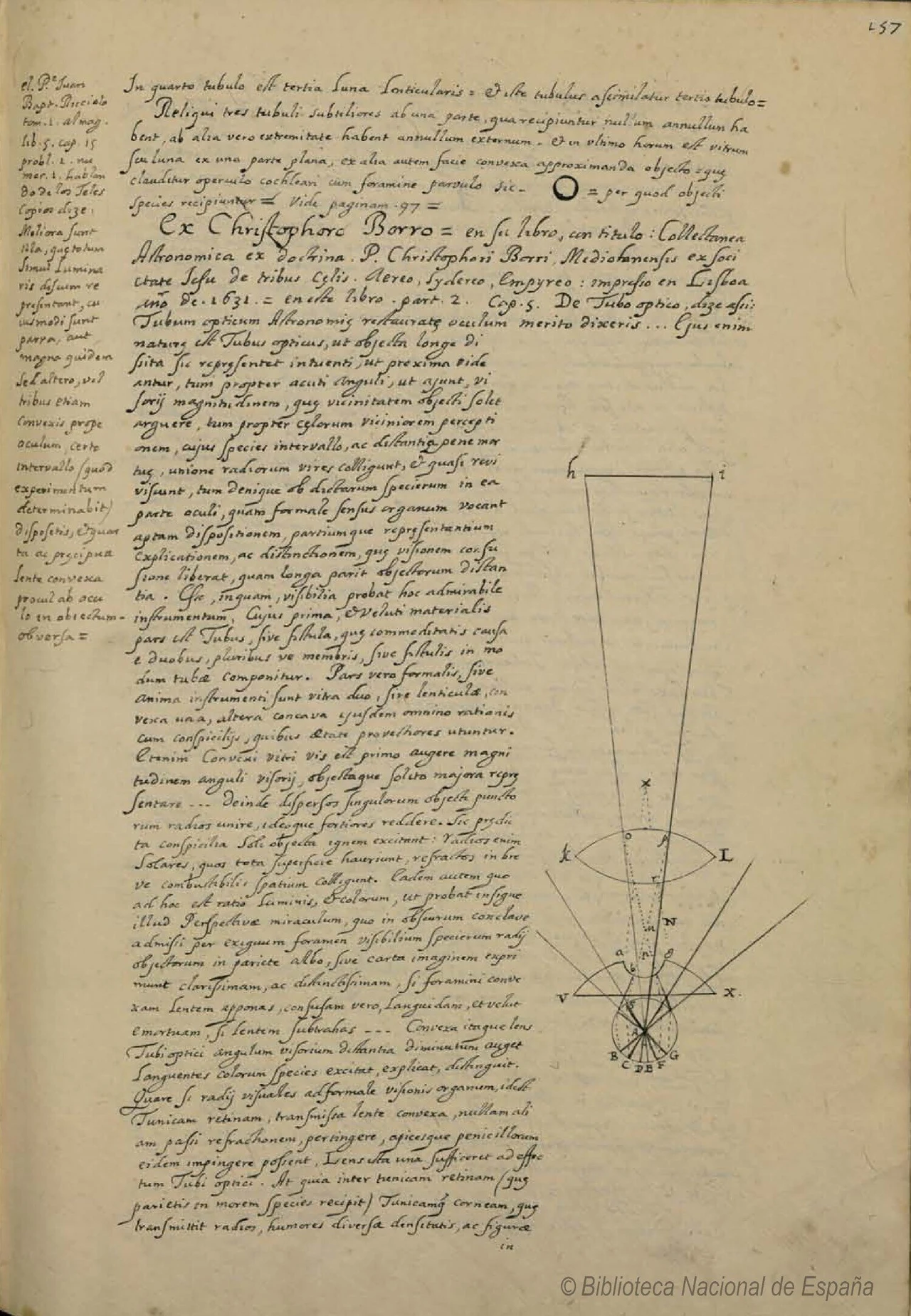 Observationes Diversarum Artium (1666) Rękopis z odręcznym tekstem w języku łacińskim oraz rysunkiem geometrycznym przedstawiającym schemat z liniami i oznaczeniami literowymi, który ilustruje analizę optyczną lub matematyczną.