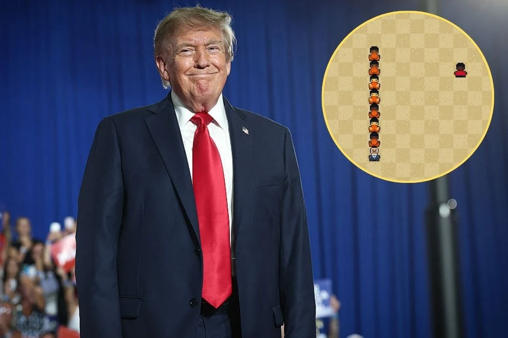 Biały Dom zaprezentował gry komputerowe Prezydent USA Donald Trump w garniturze, obok zdjęcie przedstawiające grę komputerową.