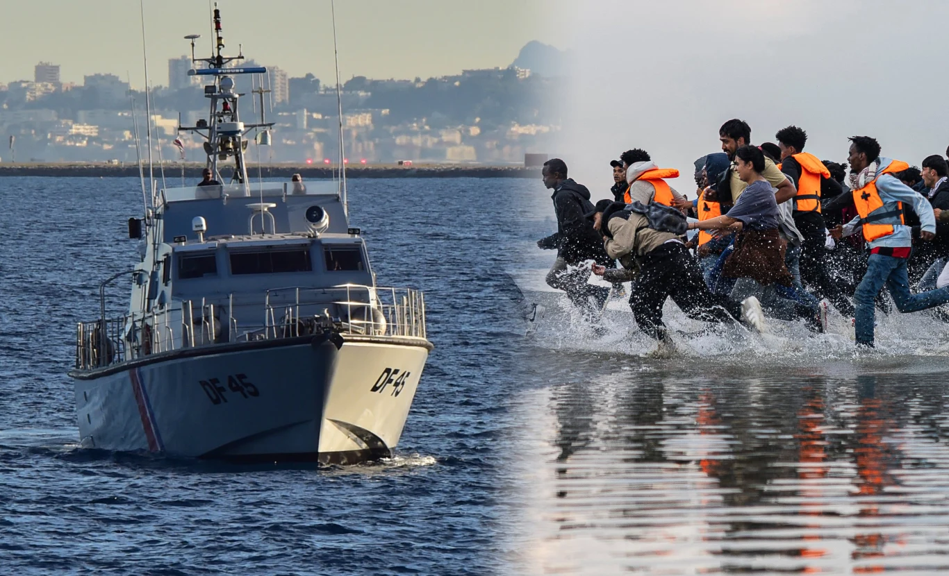 Kryzys migracyjny w kanale La Manche narasta. UE wysyła pomoc Jednostka francuskiej straży przybrzeżnej i migranci wbiegający na ląd z wody