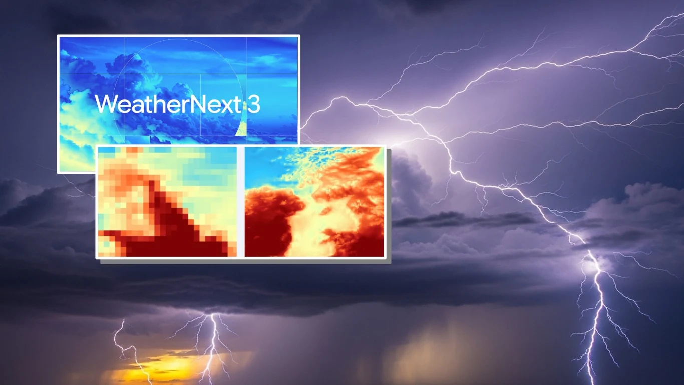 Google powierza pogodę sztucznej inteligencji. Tak ma działać nowy model Błyskawice na burzowym niebie, wizualizacje modelu pogodowego i napis WeatherNext3.