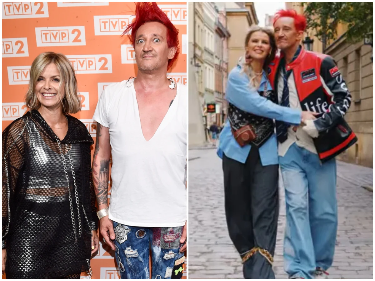 Marta i Michał Wiśniewscy, fot. https://www.instagram.com/m_wisniewski1972/ Mężczyzna z czerwonymi włosami i kobieta, oboje uśmiechnięci, pozują razem na tle ścianki z logotypem TVP2 i spacerują przytuleni po kamiennej ulicy w otoczeniu miejskich kamienic.
