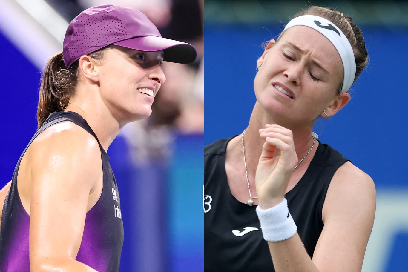 Iga Świątek i Marie Bouzkova trafiły na siebie w trzeciej rundzie US Open 2026 Dwie kobiety w sportowych strojach na korcie tenisowym, jedna uśmiecha się, druga wyraża grymas niezadowolenia.