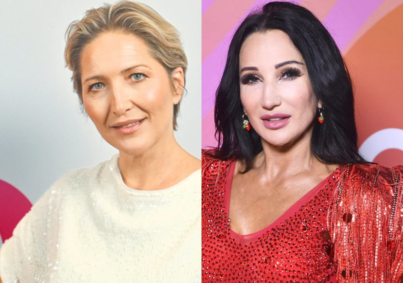 Magda Steczkowska i Justyna Steczkowska Siostry Magda Steczkowska w białej bluzce i Justyna Steczkowska w cekinowym, czerwonym stroju.
