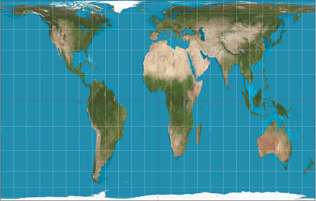 Mapa świata w projekcji Winkel Tripel z wyraźnie zaznaczonymi kontynentami i oceanami, pokazująca zniekształcenia rozmiarów lądów w pobliżu biegunów.