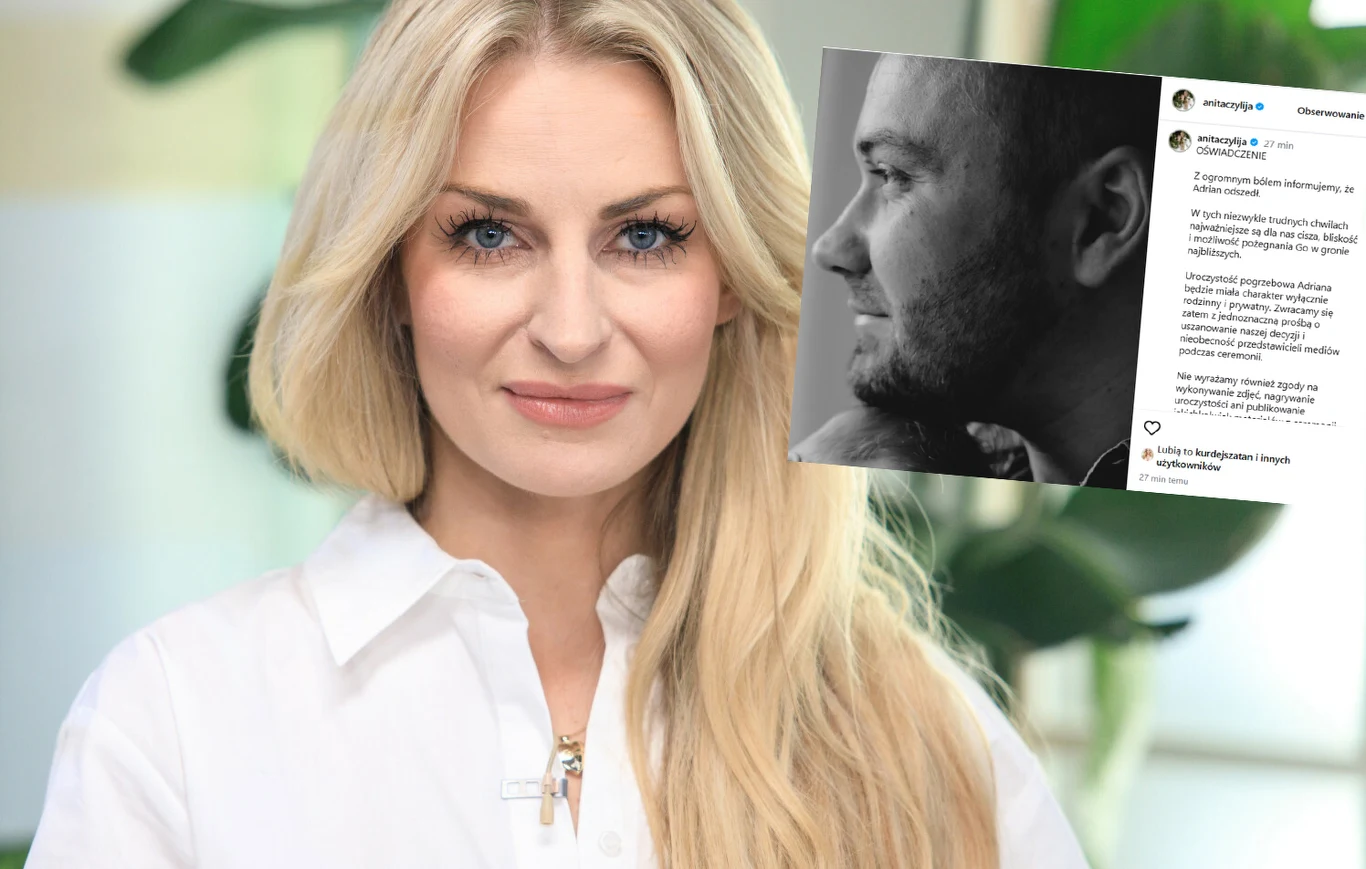 Adrian Szymaniak nie żyje. Żona zamieściła przejmujący wpis /https://www.instagram.com/anitaczylija/ Uśmiechnięta kobieta o długich blond włosach w białej koszuli, na pierwszym planie z nałożonym zdjęciem w odcieniach szarości ukazującym profil mężczyzny z brodą i zamieszczonym obok tekstem.