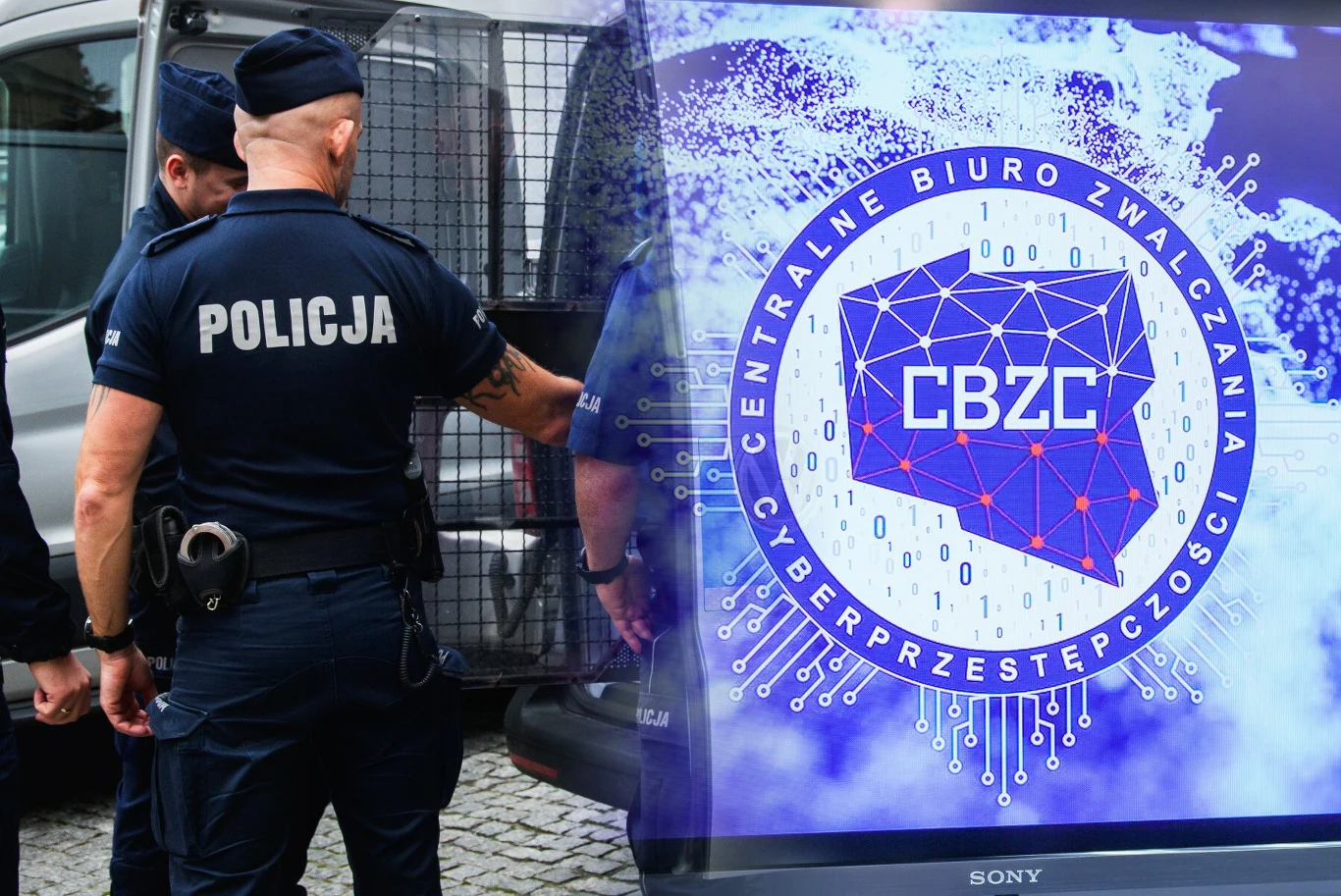 Afera Zondacrypto: Służby zatrzymały Romana Ż. Grupa policjantów obok radiowozu oraz logo Centralnego Biura Zwalczania Cyberprzestępczości.