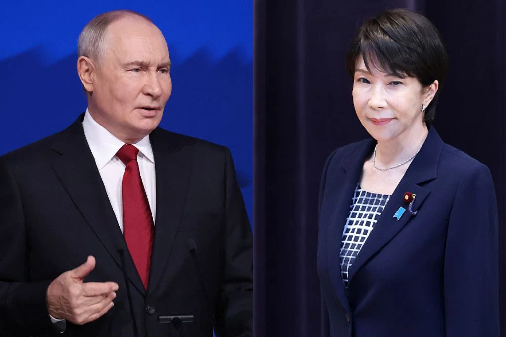 Prezydent Rosji Władimir Putin i premier Japonii Sanae Takaichi Prezydent Rosji Władimir Putin, obok premier Japonii Sanae Takaichi na neutralnym tle.