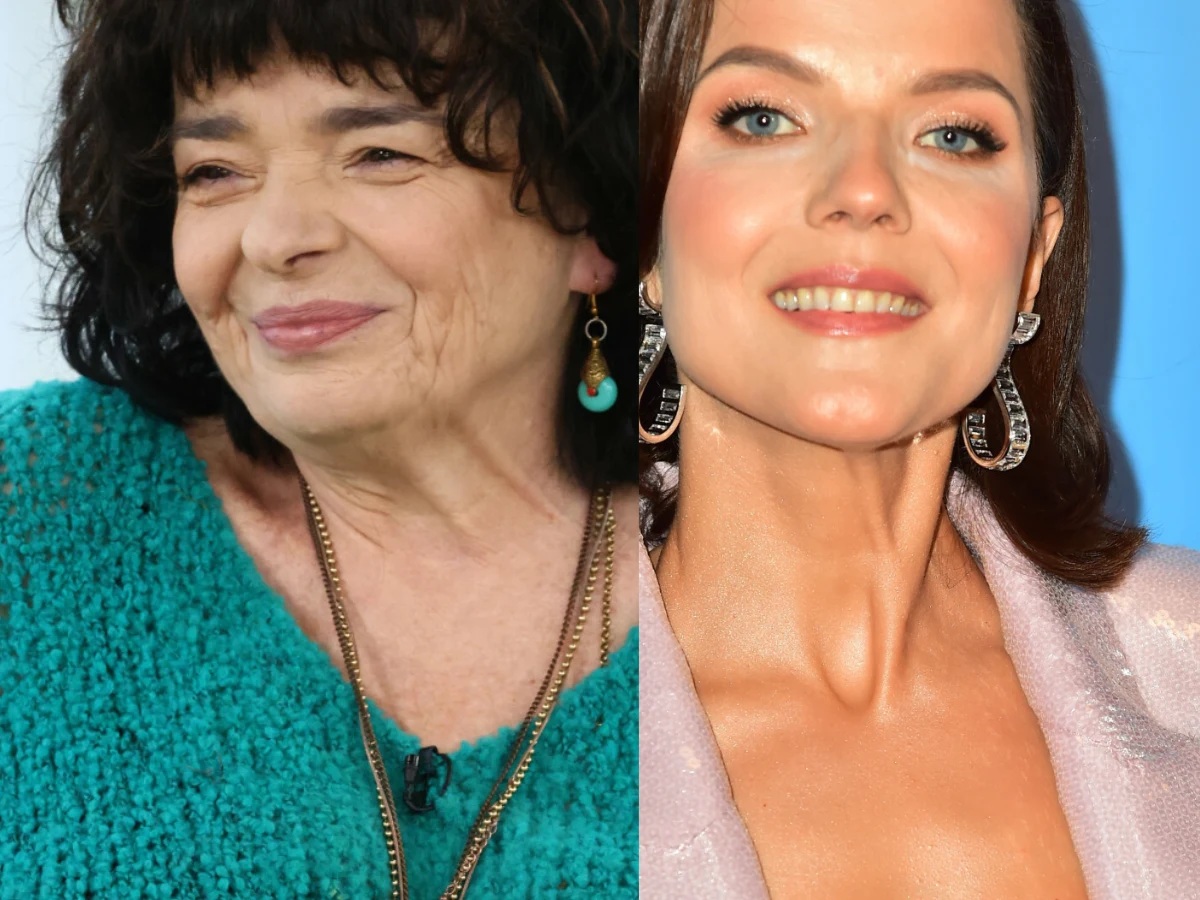 Katarzyna Grochola, Joanna Jabłczyńska Joanna Jabłczyńska w turkusowym swetrze i Katarzyna Grochola w jasnoliliowej marynarce. Obie kobiety są uśmiechnięte.