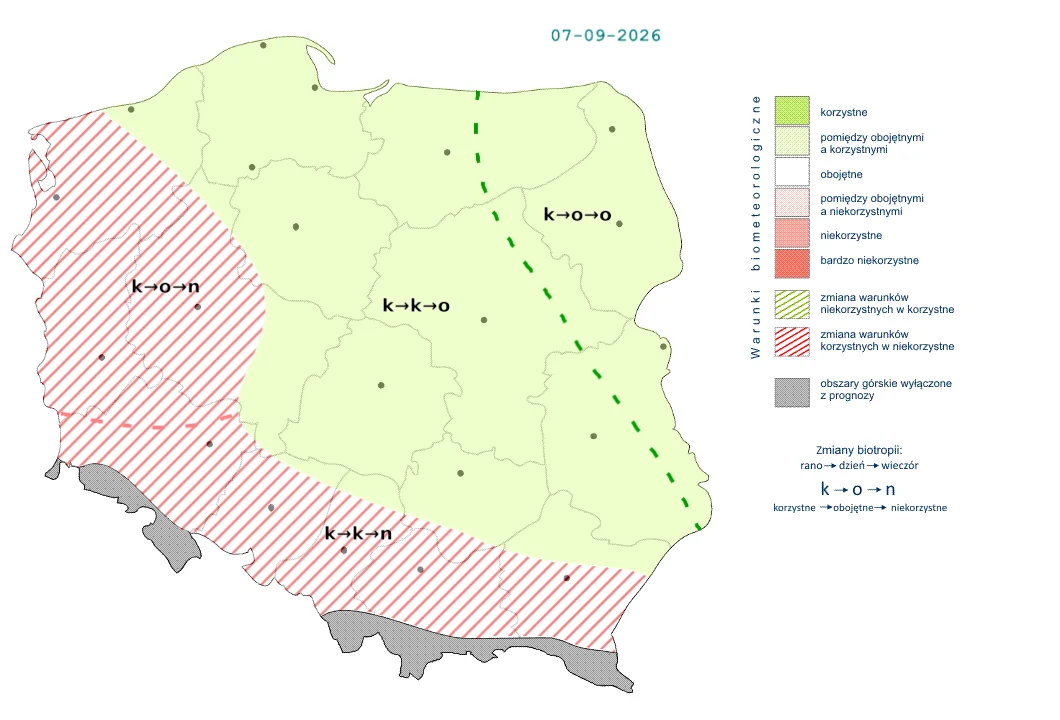 W przeważającej części kraju warunki będą korzystne, choć lokalnie mogą się pogorszyć - głównie na południu i wschodzie Mapa Polski z zaznaczonymi strefami bioklimatycznymi: przeważający obszar kraju pokryty kolorem jasnozielonym oznacza warunki korzystne, podczas gdy południowy zachód wyróżniony jest czerwonymi liniami ukośnymi jako obszar niekorzystny. Dodatkowo widoc...