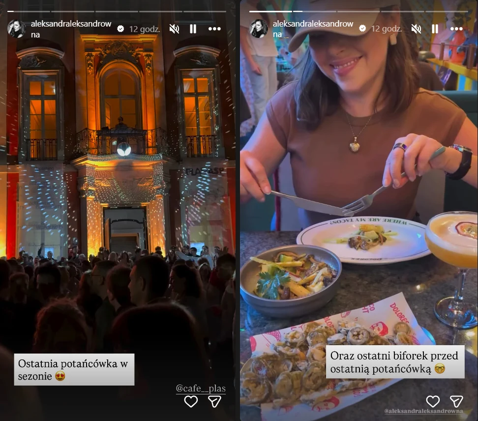 Ola Kwaśniewska w miniony weekend wszystko zakończyła /https://www.instagram.com/aleksandraleksandrowna/?hl=pl Tłum ludzi bawiących się przed efektownie oświetlonym pałacem oraz kobieta w restauracji przygotowująca się do jedzenia, na stole talerz z przystawką, koktajl i przekąski.