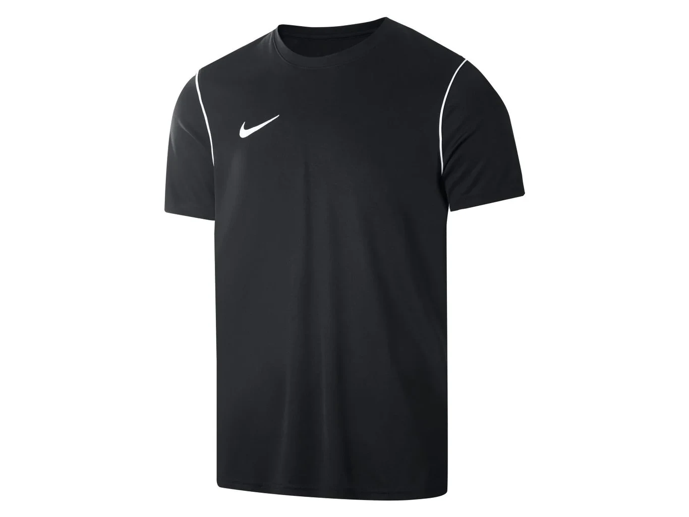 Koszulka treningowa męska Nike za 59,99 zł Czarna sportowa koszulka z krótkim rękawem, białe logo Nike na piersi, delikatne białe lamówki na ramionach.