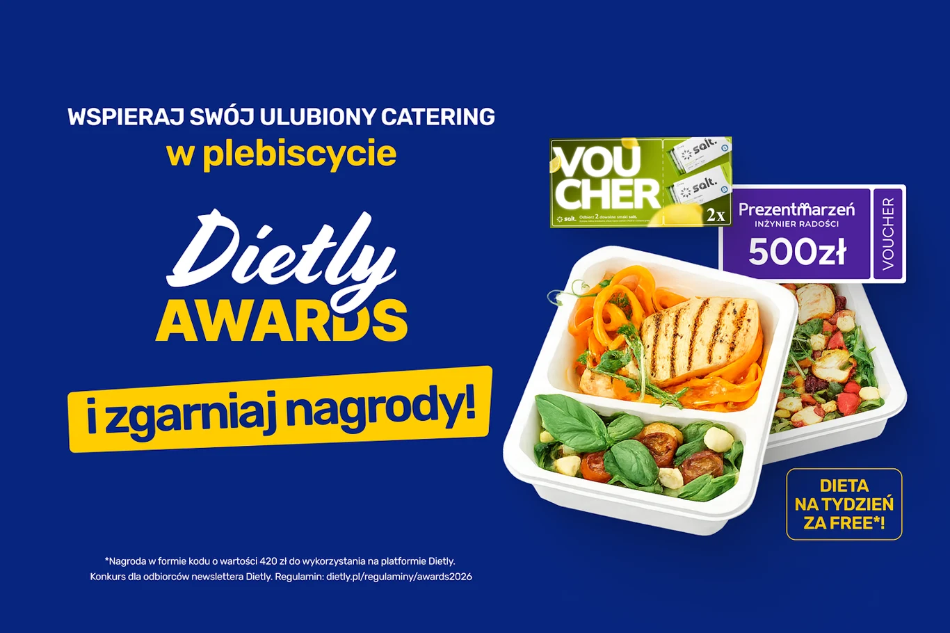 Kolorowa kompozycja dwóch pojemników z dietetycznymi posiłkami oraz elementy promocyjne konkursu, takie jak grafika kuponu, napis Dietly Awards, informacja o nagrodach i hasło o darmowym tygodniu diety.