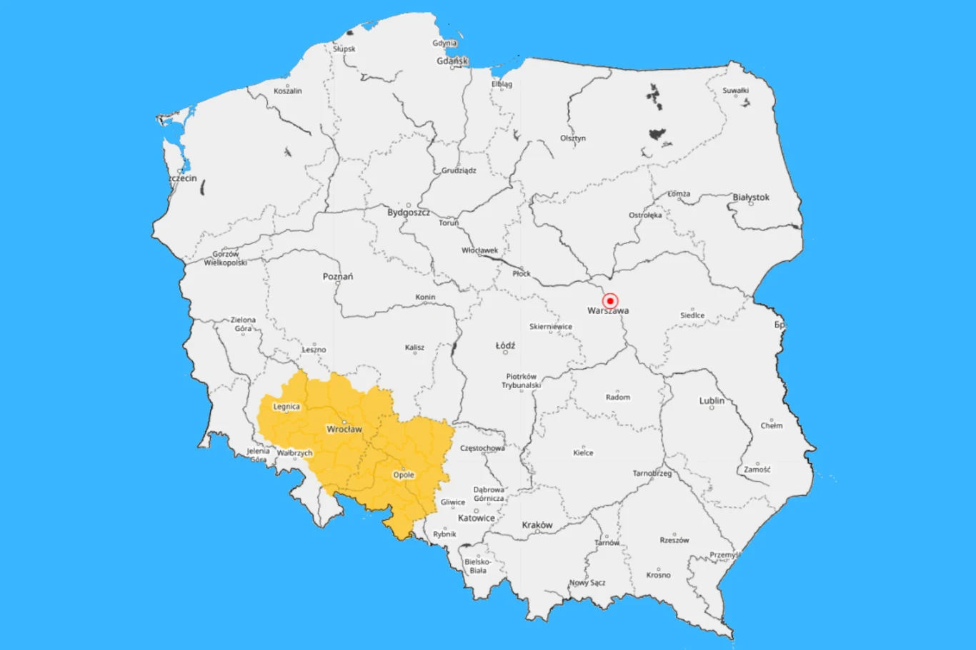 Mapa Polski z wyróżnionym na żółto województwem dolnośląskim, z zaznaczonymi większymi miastami tego regionu oraz lokalizacją Warszawy na tle pozostałych województw.