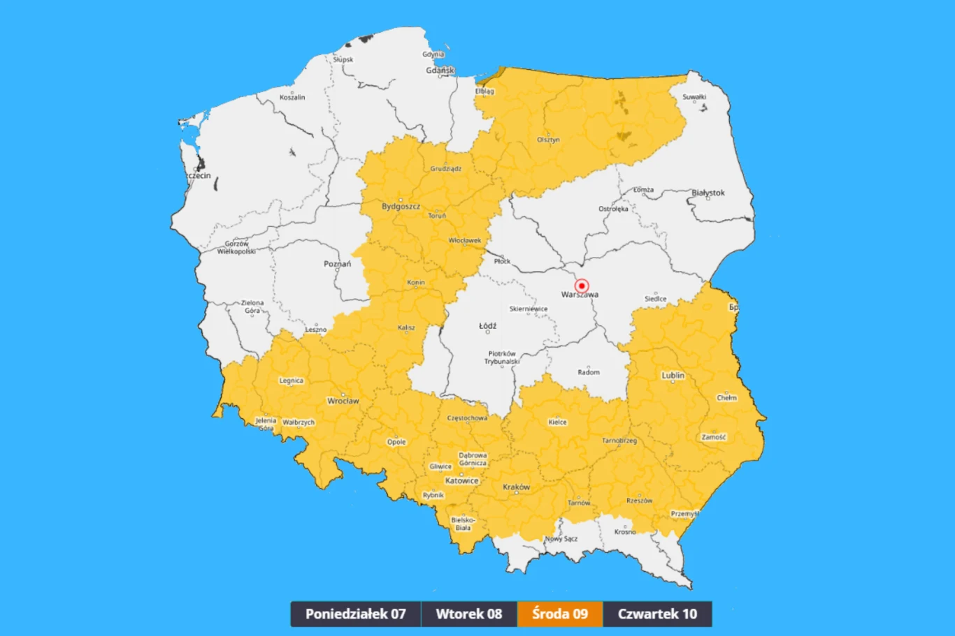Mapa Polski z zaznaczonymi na żółto centralnymi i południowymi województwami, obejmującymi większość kraju, z legendą dotyczącą dni tygodnia, gdzie środa 09 jest podkreślona na pomarańczowo.