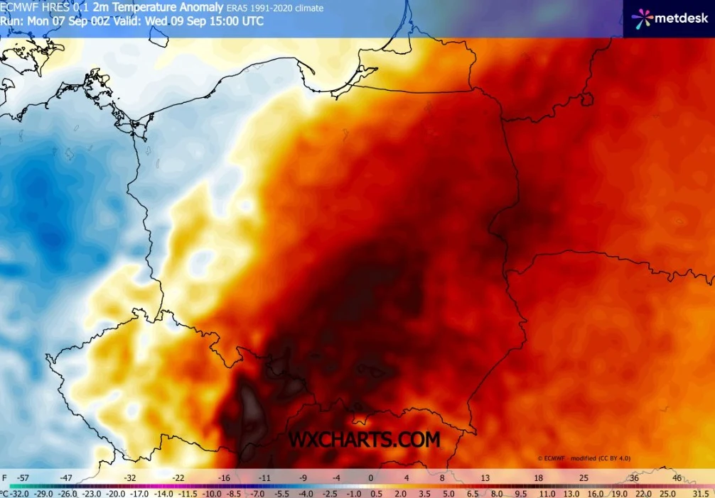 Mapa Europy Środkowej z wyraźnym kontrastem temperatur, gdzie Polska oraz sąsiednie regiony wschodnie i południowe oznaczone są odcieniami czerwieni i brunatnego, wskazującymi na wysokie anomalie temperatury, podczas gdy zachodnie Niemcy i północna Fra...