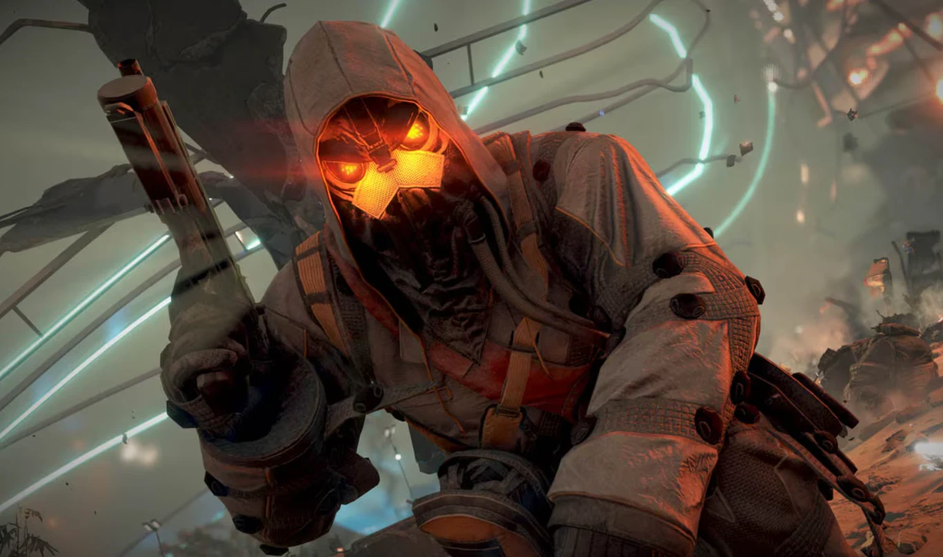 Killzone Postać Killzone w kapturze i masce z pomarańczowym światłem, z bronią na tle futurystycznych ruin.