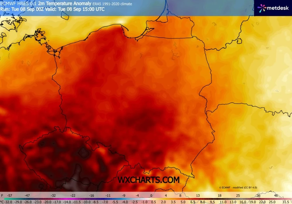 We wtorek upalnie będzie miejscami na południowym zachodzie: do 30 stopni Celsjusza Mapa Polski z wyraźnie zaznaczonymi anomaliami temperatur powietrza, gdzie większość kraju pokrywa intensywny odcień czerwieni i pomarańczu, wskazujący na znacznie wyższe niż średnie wartości temperatury.