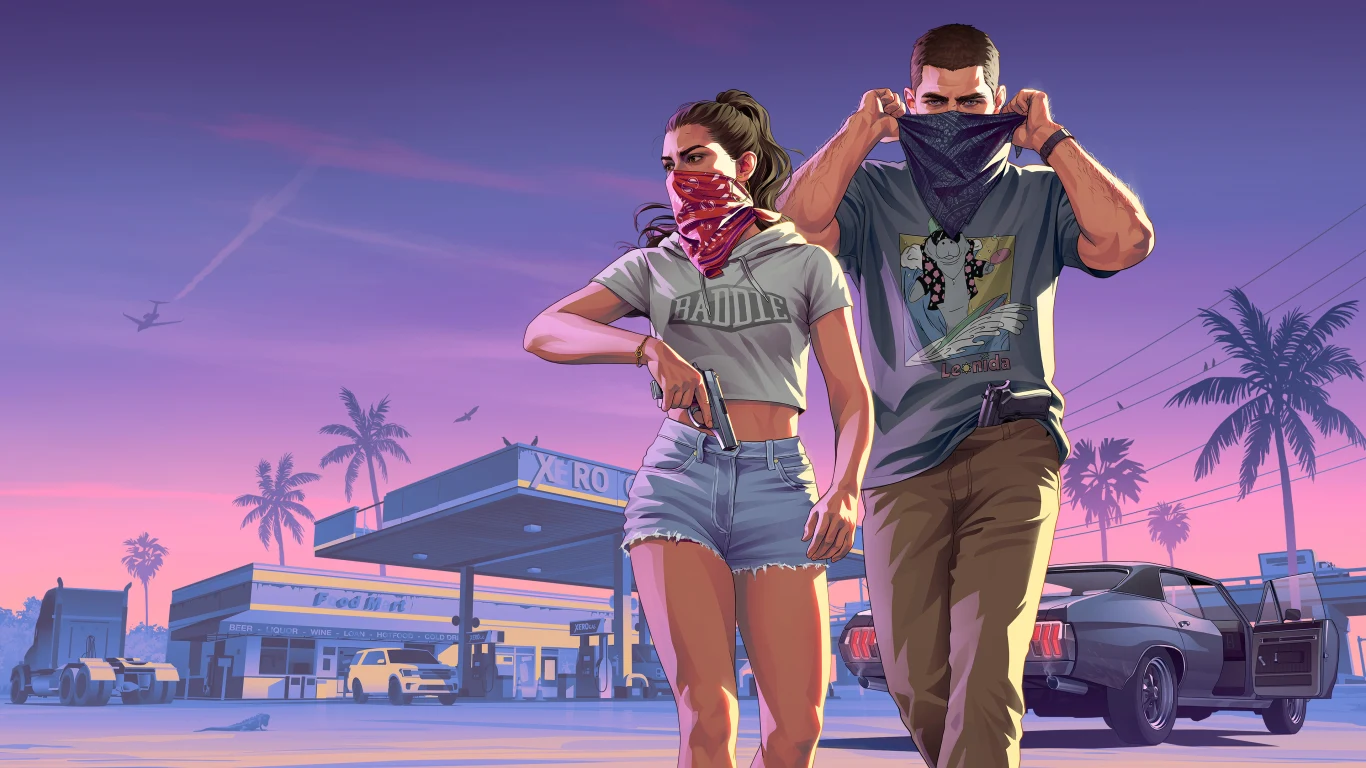 GTA 6 Młoda kobieta i mężczyzna z zasłoniętymi twarzami z bronią na parkingu przy stacji benzynowej, palmy, zachód słońca.