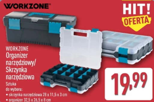 Organizer lub skrzynka narzędziowa Workzone za 19,99 zł. Plastikowa skrzynka narzędziowa i organizer z przegródkami w kolorach szarym, niebieskim i czarnym, obok widoczna cena promocyjna 19,99 zł oraz logo marki Workzone.