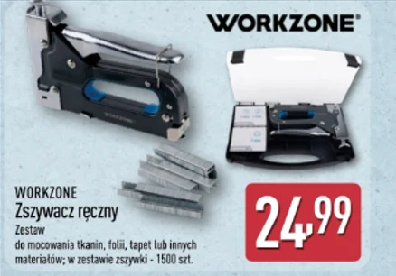 Ręczny zszywacz Workzone za 24,99 zł. Zszywacz ręczny marki Workzone z niebiesko-czarną rękojeścią, zestaw zszywek oraz zamykane pudełko z narzędziem i akcesoriami; cena 24,99 zł.