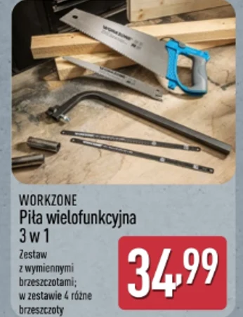 Piła wielofunkcyjna 3 w 1 za 34,99 zł. Zestaw narzędzi składający się z piły ręcznej z wymiennymi brzeszczotami, ramy do piłowania i różnych brzeszczotów, ułożony na jasnym blacie obok kawałków drewna.