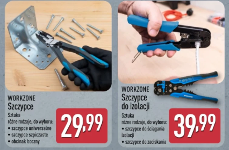 Szczypce Workzone od 29,99 zł. Dwie pary szczypiec roboczych WORKZONE, jedna używana do przycinania metalowej blachy z zestawem śrub w tle, druga obsługująca przewody elektryczne, z widocznym mechanizmem do zdejmowania izolacji.