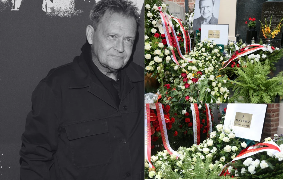Grób Jana Frycza w morzu kwiatów Portret starszego mężczyzny w czarnej kurtce obok jego grobu ozdobionego licznymi wieńcami i biało-czerwonymi wstęgami, wśród kwiatów widoczna tabliczka z imieniem Jan Pysz oraz czarno-białe zdjęcie zmarłego.
