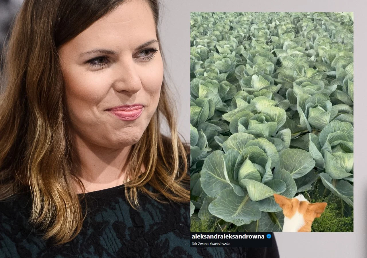 Poruszenie pod postem Aleksandry Kwaśniewskiej. Wystarczyło jedno zdjęcie. Uśmiechnięta kobieta o jasnobrązowych włosach oraz pole zielonych kapust w towarzystwie psa zaglądającego w stronę warzyw.