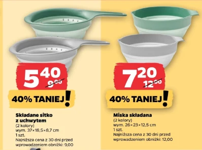 Dwa składane sitka i dwie składane miski w dwóch kolorach, prezentowane z widocznymi cenami promocyjnymi oraz informacjami o rabacie i wymiarach produktów.
