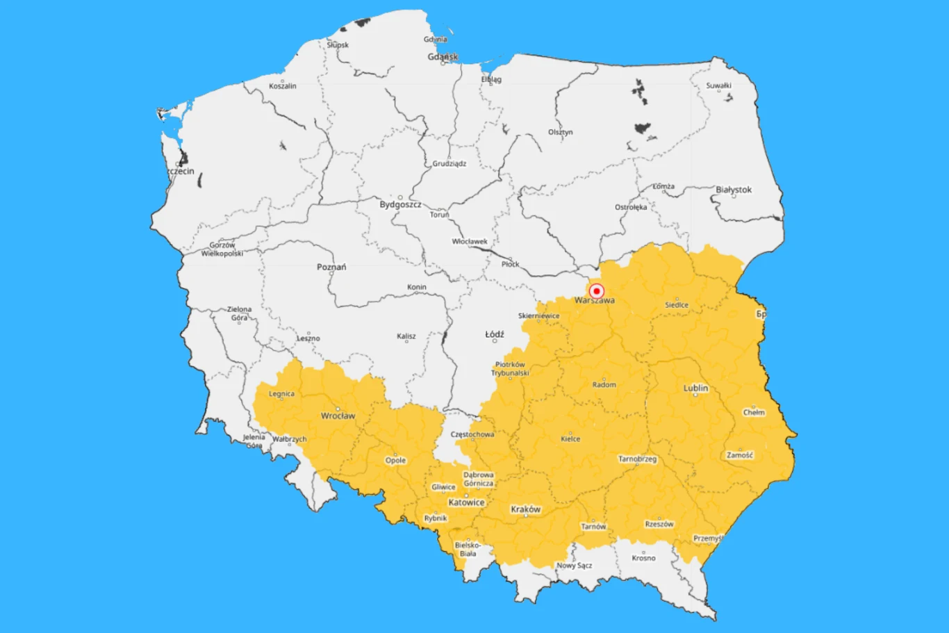 Mapa Polski z południowo-wschodnią i południowo-zachodnią częścią kraju zaznaczoną na żółto, obejmującą m.in. województwa dolnośląskie, śląskie, małopolskie, podkarpackie, świętokrzyskie, lubelskie i częściowo mazowieckie; pozostała część kraju oznaczo...