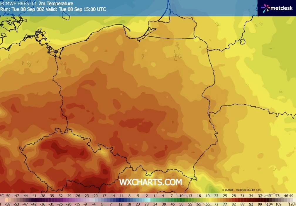 Mapa Polski z zaznaczeniem obszarów o różnych temperaturach powietrza, najwyższe wartości odnotowane na południowym zachodzie kraju, stopniowo malejące w kierunku północnego wschodu.