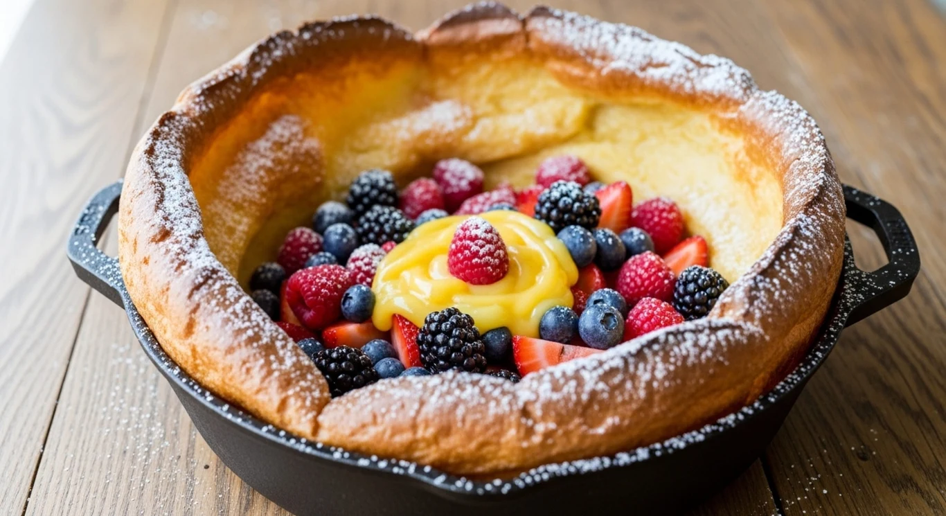Pieczony naleśnik może być podawany z owocami - najlepiej sezonowymi Duży puszysty naleśnik typu Dutch baby w żeliwnej patelni, wypełniony kremem cytrynowym oraz świeżymi owocami — malinami, borówkami, jeżynami i kawałkami truskawek, oprószony cukrem pudrem.