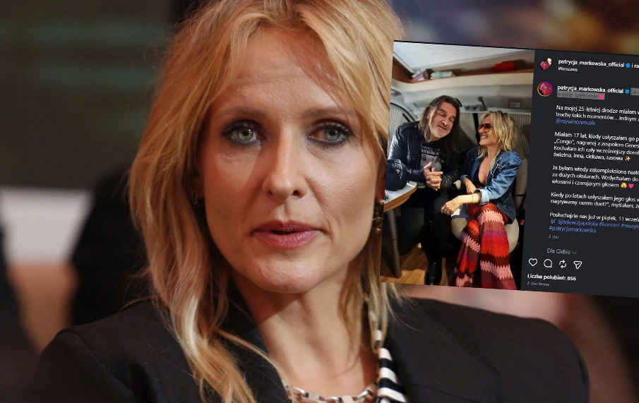 Markowska ogłosiła szczęśliwe wieści na Instagramie /https://www.instagram.com/p/Dc8KaG6RzgL/ Kobieta o blond włosach patrząca przed siebie z poważnym wyrazem twarzy, nałożone w prawym górnym rogu zdjęcie dwóch osób w swobodnej atmosferze, rozmawiających przy stole.