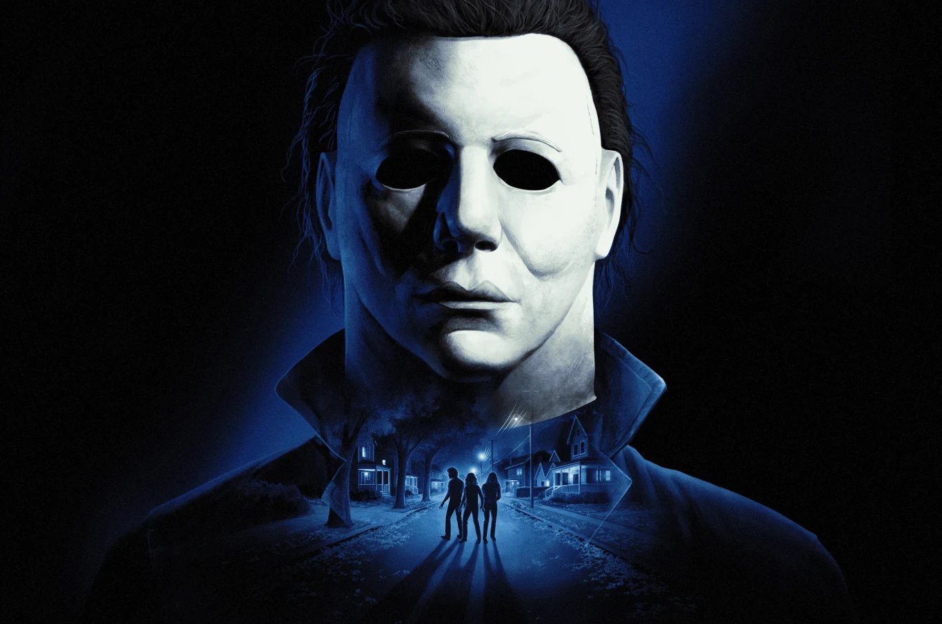 Halloween: The Game Biała maska Michaela Myersa i trzy postacie na nocnej, oświetlonej ulicy Haddonfield w Halloween: The Game.